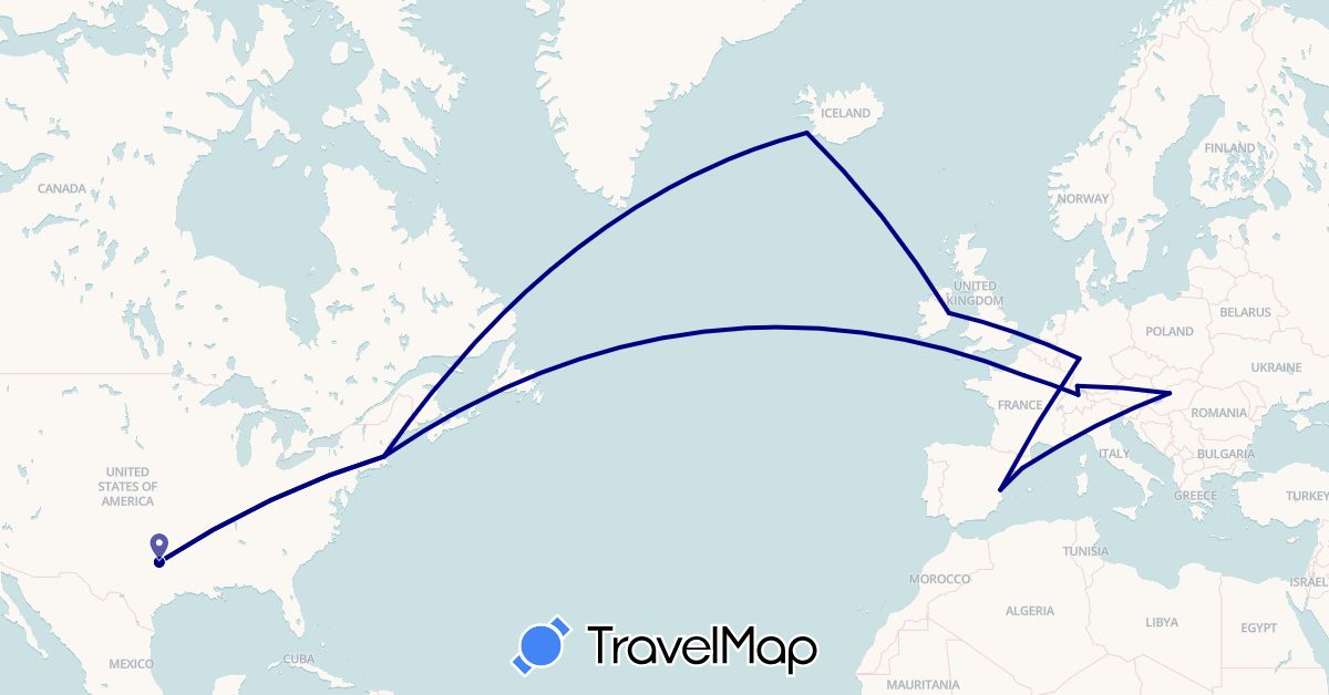 TravelMap itinerary: driving in Switzerland, Germany, Spain, France, Hungary, Ireland, Iceland, United States (Europe, North America)